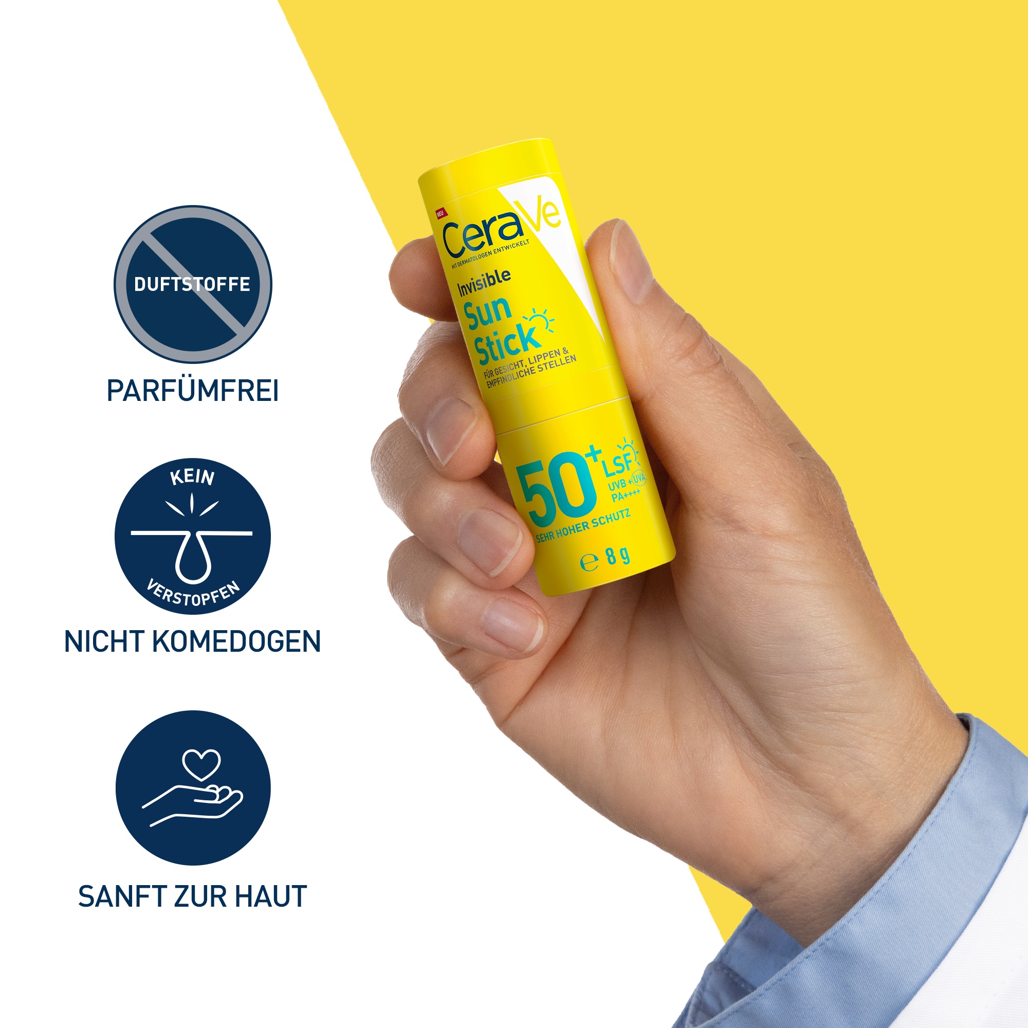 Hand hält gelben CeraVe Invisible Sun Stick LSF 50+. Text: Nicht komedogen, sanft zur Haut, parfümfrei.